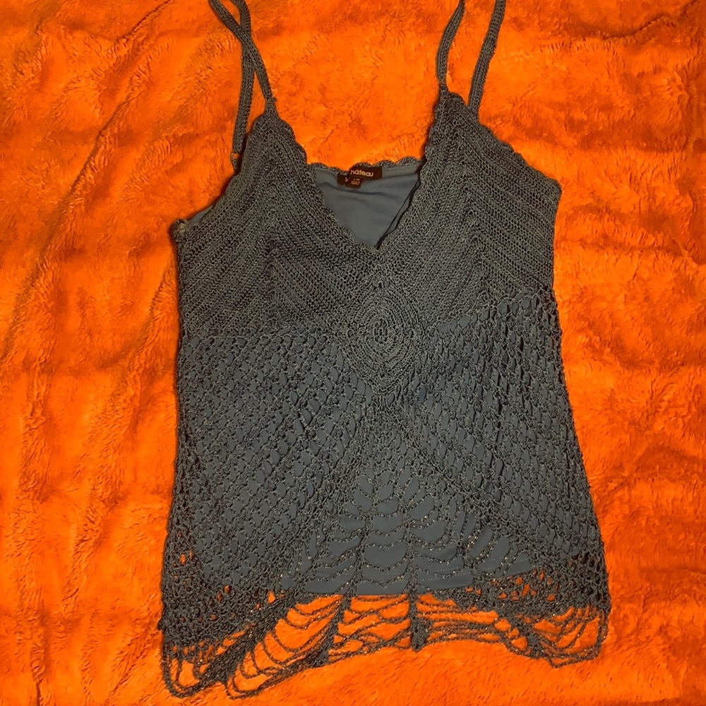 Le Chateau Crochet Style Top Blue Adjustable Straps SZ Large w/jewels